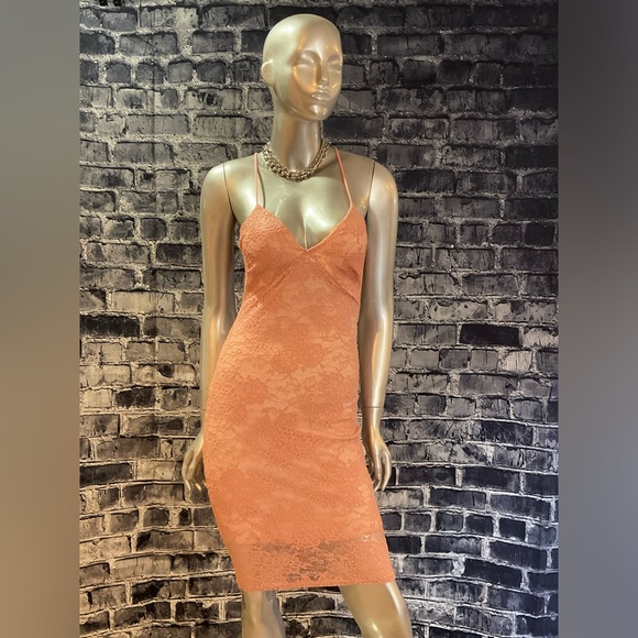 Peach Lace Stretchy Bodycon Dress - Picture 9 of 9